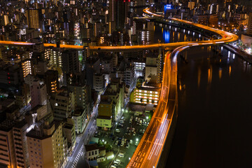 Fototapeta na wymiar Aerial View of Japanese Highway at Night in Tokyo