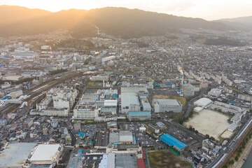 Sunset over Neighborhoods of Urban Japan, Aerial View