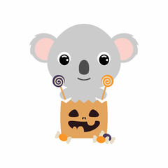 Cute Halloween koala sitting in a trick or treat bag with candies. Cartoon animal character for kids t-shirts, nursery decoration, baby shower, greeting card, invitation. Vector stock illustration