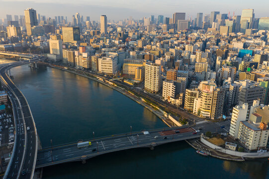 Sumida River and Asakusa Area of Tokyo at Sunrise