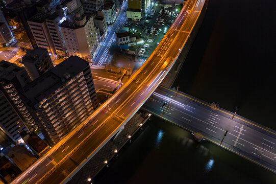 Japanese Roads in City at Night, Aerial View