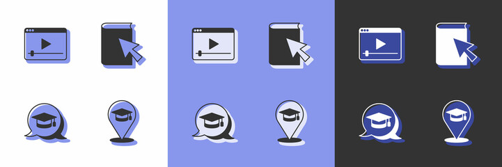 Set Online education, play video, Graduation cap speech bubble and book icon. Vector