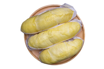 Top view of Ripe durian wrapped in white paper ready to eat in wooden plate is the most popular and king of fruit in Thailand isolated on white background included clipping path.