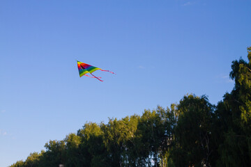Fototapeta na wymiar A kite flies across the blue sky with LGBT rainbow colors