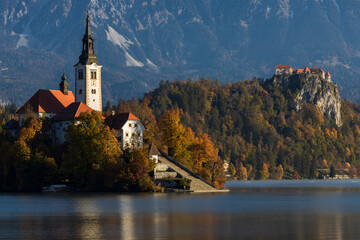 Fototapeta premium The Island Of Lake Bled with its Medieval Castle in the Background, Slovenia.