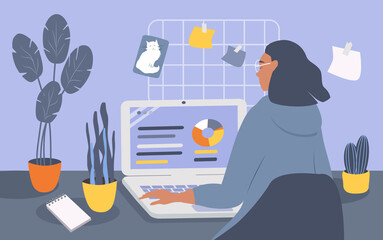 vector illustration in a flat style on the theme of the workspace. the girl is working on a laptop.