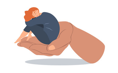 vector illustration in a flat style on the theme of psychological safety. care. the girl sits on a big hand, hugging her knees