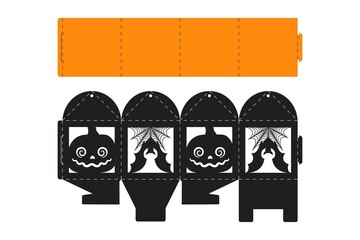 Halloween treat box with scary pumpkin. Jack-o-lantern facial gift party packaging for sweet, candies, small present, bakery. Simple package die cut template for laser cut. Vector stock illustration