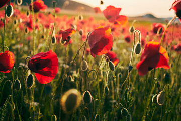 A field of blooming wild poppies in summer in the Crimea. Macro photo. Front view.