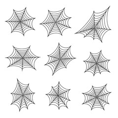 Set of black silhouettes of spider web. Spooky horror design decoration for Halloween party. Spooky background for October party and invitations. Flat vector stock illustration.