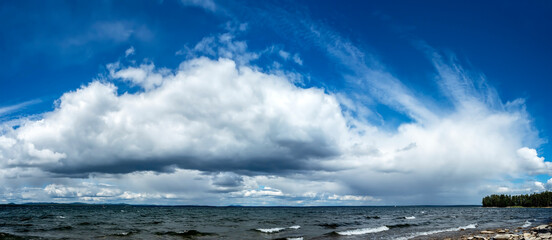blue sky with white clouds over lake