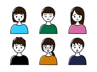 小学生高学年から中学生くらいの男女6人（上半身）ネガティブな表情のセット
