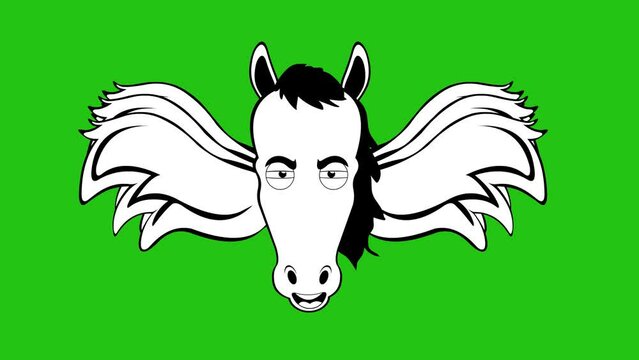 Animation loop of the face of a winged horse or pegasus moving its wings, drawn in black and white. On a green key chroma background