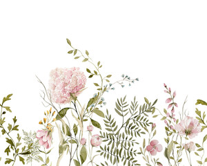 Watercolor floral seamless border. Hand painted frame of green leaves, wildflowers, field flowers, isolated on white background. Iillustration for design, print, background - obrazy, fototapety, plakaty