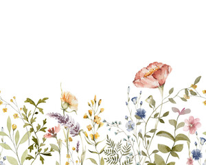 Watercolor floral seamless border. Hand painted frame of green leaves, wildflowers, field flowers, isolated on white background. Iillustration for design, print, background - obrazy, fototapety, plakaty