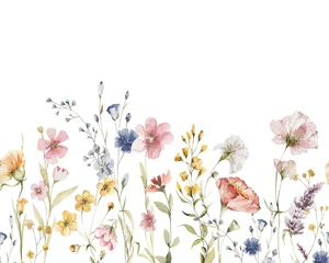 Schilderijen op glas Geschilderde Bloemen Watercolor floral seamless border. Hand painted frame of green leaves, wildflowers, field flowers, isolated on white background. Iillustration for design, print, background  © 60seconds