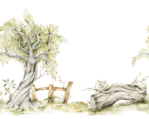 Watercolor summer landscape, woodland. Hand painted nursery composition of rural village, farmhouse, garden, tree. illustration for baby shower design, print, background