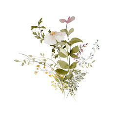Watercolor floral bouquet. Hand painted set of greenery, wildflowers, herbs. Green leaves, field flowers isolated on white background. Botanical illustration for design, print or background