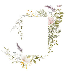 Obraz premium Watercolor floral wreath. Hand painted frame of greenery, wildflowers, herbs. Green leaves, field flowers isolated on white background. Botanical illustration for design, print or background
