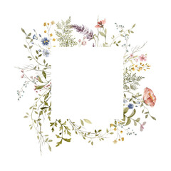 Watercolor floral wreath. Hand painted frame of greenery, wildflowers, herbs. Green leaves, field flowers isolated on white background. Botanical illustration for design, print or background
