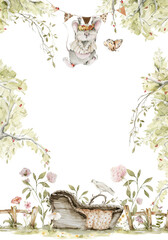 Watercolor nursery frame. Hand painted woodland border of cute baby animals in wild, forest summer landscape, tree, mouse, cradle. Iillustration for baby shower design, kids print, wall art