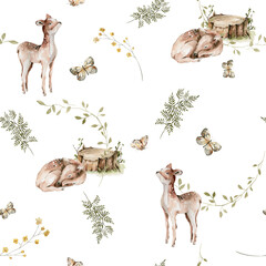 Watercolor nursery seamless pattern. Hand painted woodland cute baby animals in wild, forest summer landscape, fawn, deer. illustration for baby wallpaper, wall art decor, fabric © 60seconds