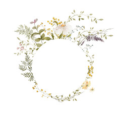 Watercolor floral wreath. Hand painted frame of greenery, wildflowers, herbs. Green leaves, field flowers isolated on white background. Botanical illustration for design, print or background