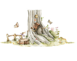 Watercolor summer landscape, woodland. Hand painted nursery composition of rural village, garden, tree, fairy house. illustration for baby shower design, print, background © 60seconds