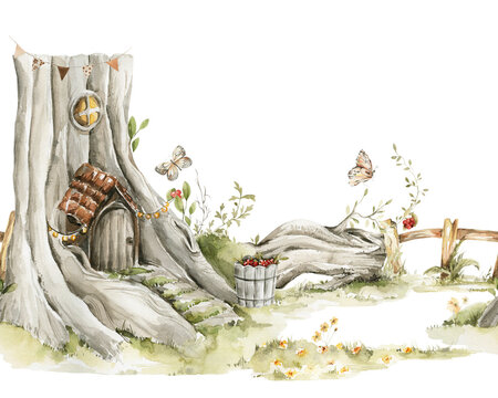 Watercolor summer landscape seamless border. Hand painted nursery frame of summer village, woodland fairy house, home, tree. isolated on white background. Iillustration for design, print, background