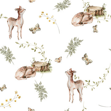 Watercolor nursery seamless pattern. Hand painted woodland cute baby animals in wild, forest summer landscape, fawn, deer. illustration for baby wallpaper, wall art decor, fabric