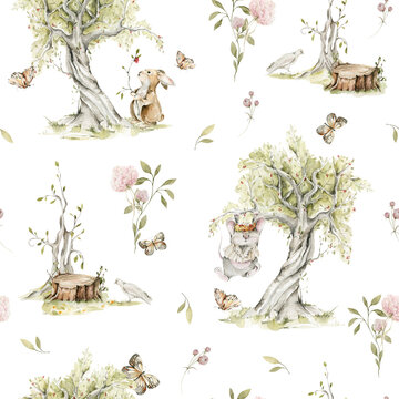 Watercolor nursery seamless pattern. Hand painted woodland cute baby animals in wild, forest summer landscape, bunny, rabbit, mouse. illustration for baby wallpaper, wall art decor, fabric