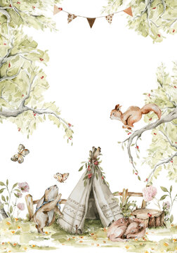 Fototapeta Watercolor nursery frame. Hand painted woodland border of cute baby animals in wild, forest landscape, tree, squirrel, bunny, rabbit, tent. illustration for baby shower design, kids print, wall art