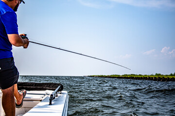 Bird water and fisherman in south east louisiana marsh