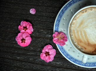 cup of coffee and plum flowers on the table
