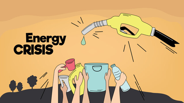 global energy crisis. 
everyone is fighting for energy . bucket, dipper, jerry can, mineral bottle, fuel tap vector illustration on orange background