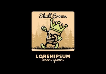 Walking skull illustration wearing a big crown