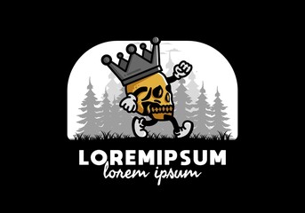 Walking skull illustration wearing a big crown