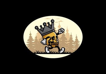 Walking skull illustration wearing a big crown