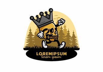 Fototapeta premium Walking skull illustration wearing a big crown