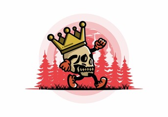 Walking skull illustration wearing a big crown