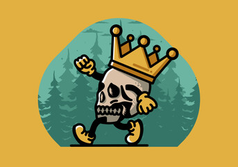 Walking skull illustration wearing a big crown