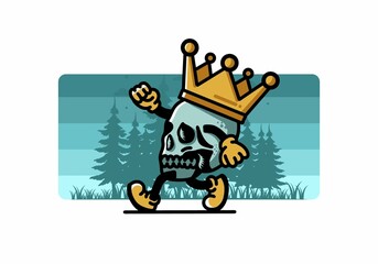Walking skull illustration wearing a big crown