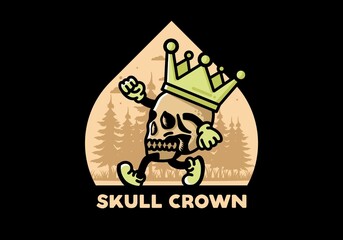 Walking skull illustration wearing a big crown