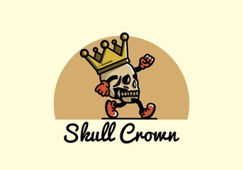 Walking skull illustration wearing a big crown