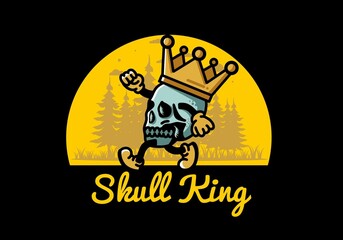 Walking skull illustration wearing a big crown