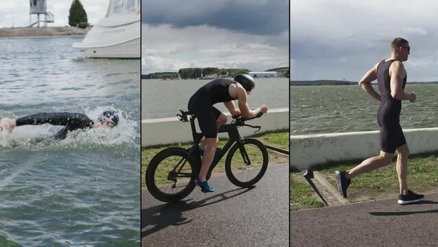 Triathlon championship, split screen video of a professional athlete, a man running, swimming and riding a bicycle, endurance and self-improvement, multiscreen.