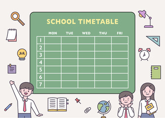 Cute student characters in front of school class time table. school icons. flat design style vector illustration.