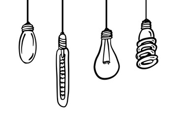 Multiple Hanging Bulbs set. Energy Saving lamp vector Concept. Doodle line icons.Hand drawn lamps hanging on the wires.