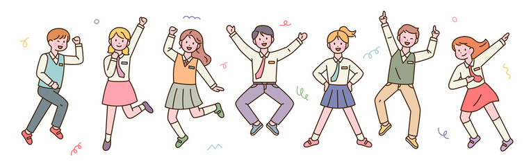 Cute students in school uniforms are jumping happily. flat design style vector illustration. - 517101830