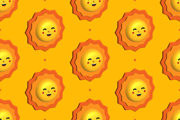 Cartoon style laughing sun character 3D rendering seamless pattern background for summer and nature design.
